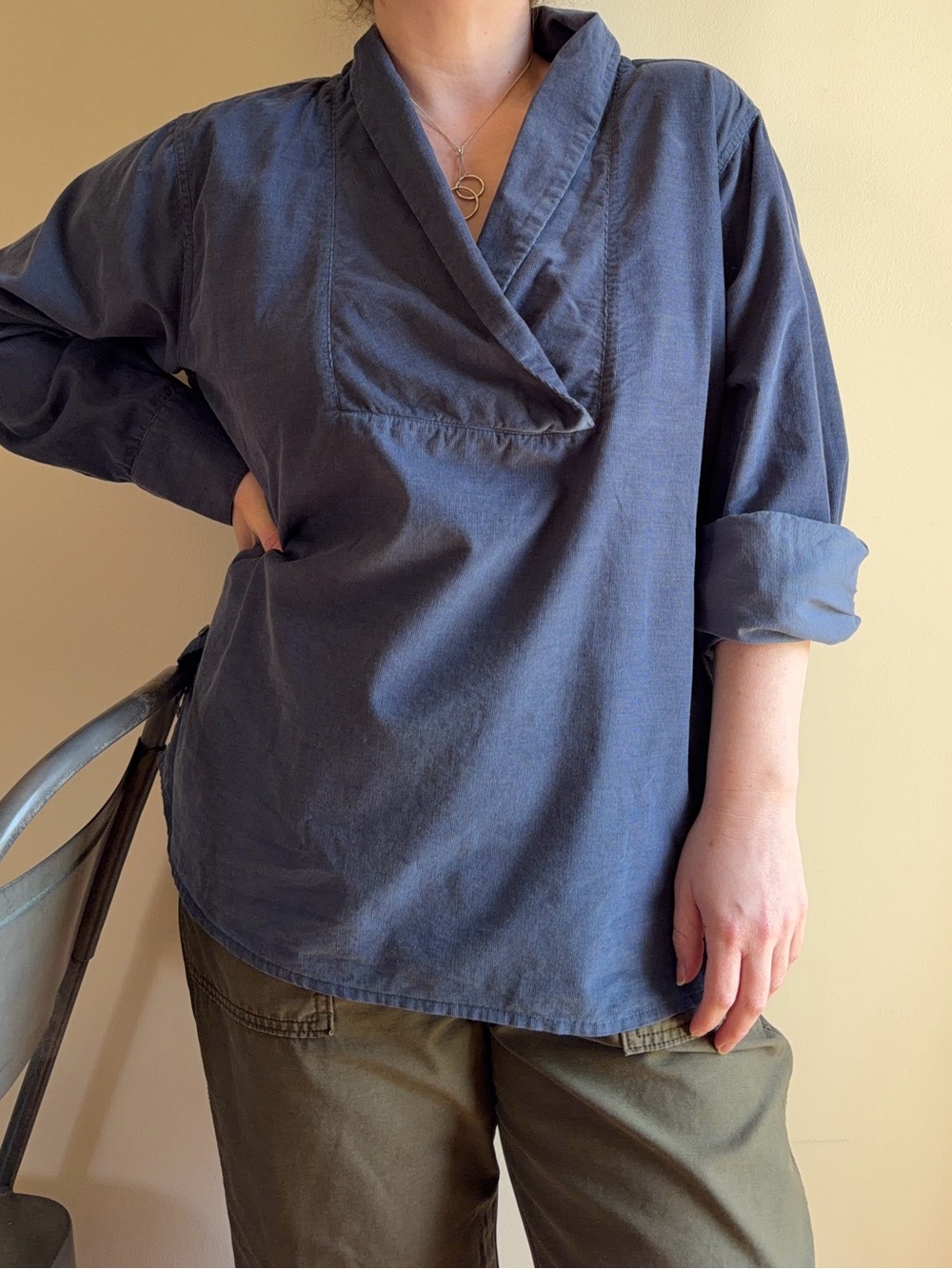 Wrap London - Cotton Lightweight Corduroy Pullover Shirt, Blue
